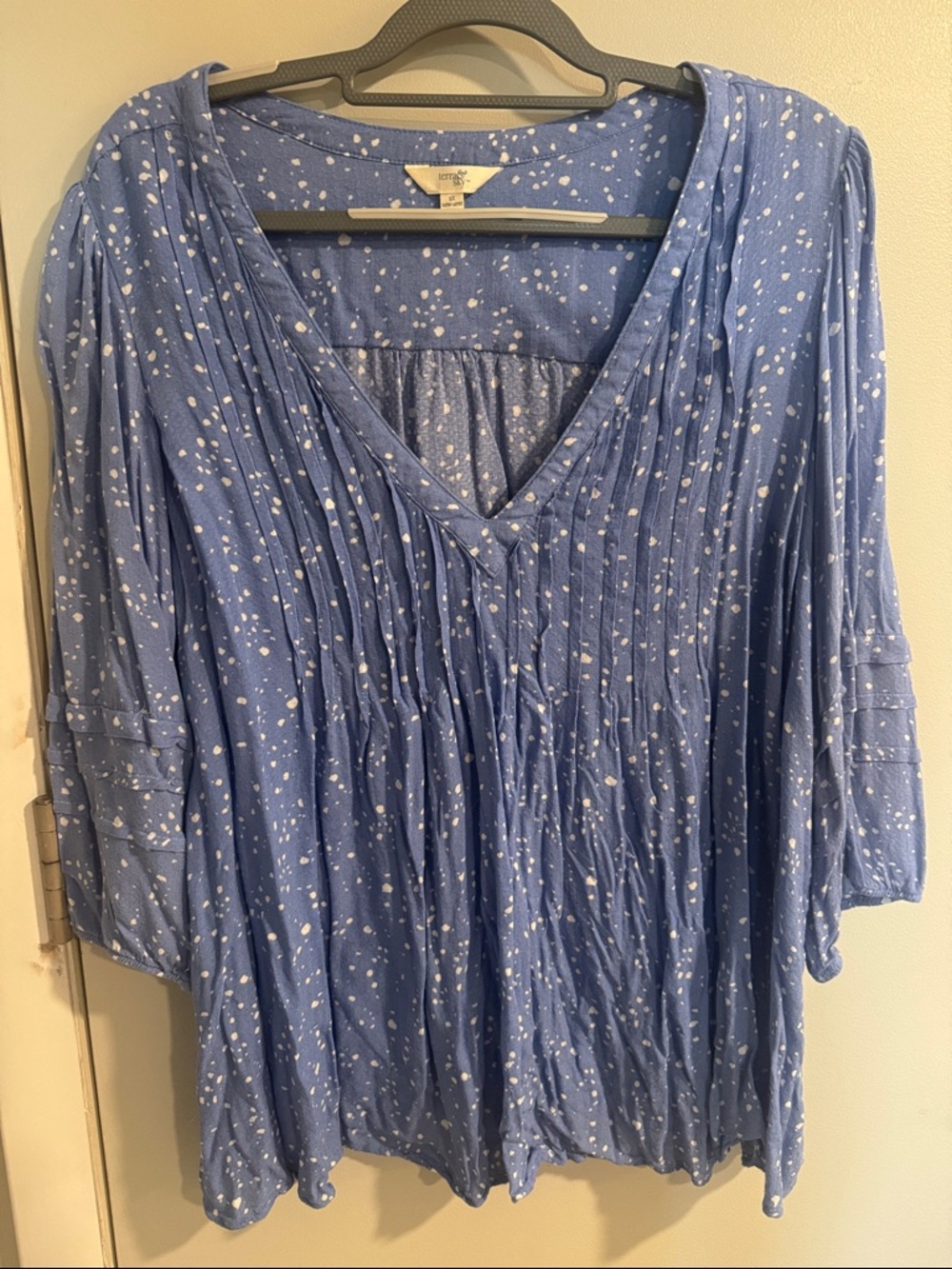 Terra & Sky Blue V-Neck Pintuck Tunic with White Speckle